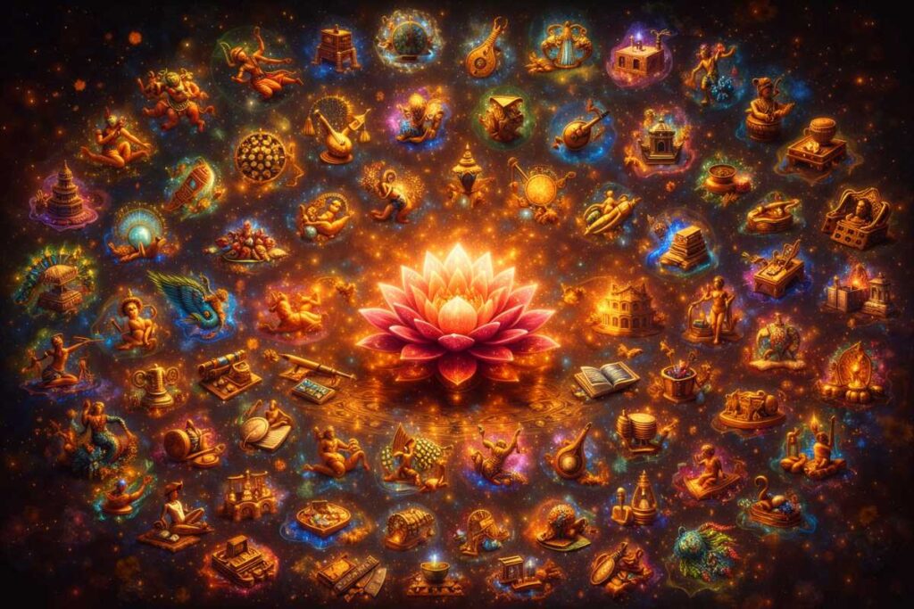Ancient Indian arts and skills representation, 64 symbolic elements floating around a central lotus, dance, music, architecture, craftsmanship symbols, vibrant colors, mystical glow, cinematic lighting, no text