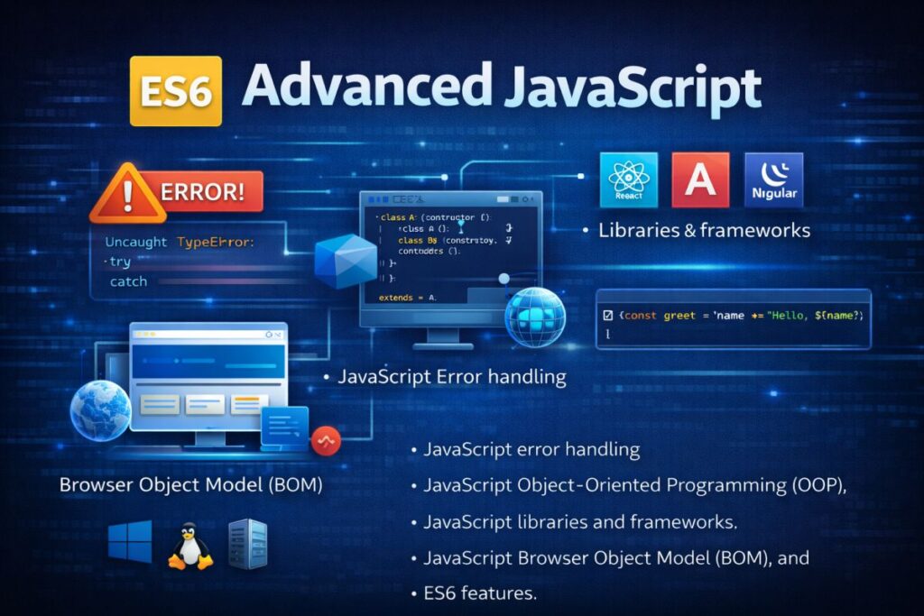 Advanced JavaScript JavaScript error handling, JavaScript Object-Oriented Programming (OOP), JavaScript libraries and frameworks, JavaScript Browser Object Model (BOM), and ES6 features.