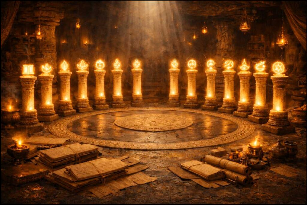 Ancient Indian arts and skills representation, 64 symbolic elements floating around a central lotus, dance, music, architecture, craftsmanship symbols, vibrant colors, mystical glow, cinematic lighting, no text