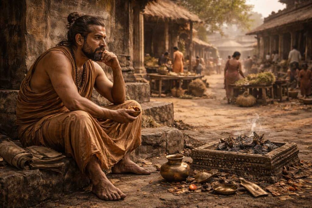 Materialist philosophy scene, thinker observing real world, rejection of ritual symbolism, grounded earthy colors, sharp realism, no text