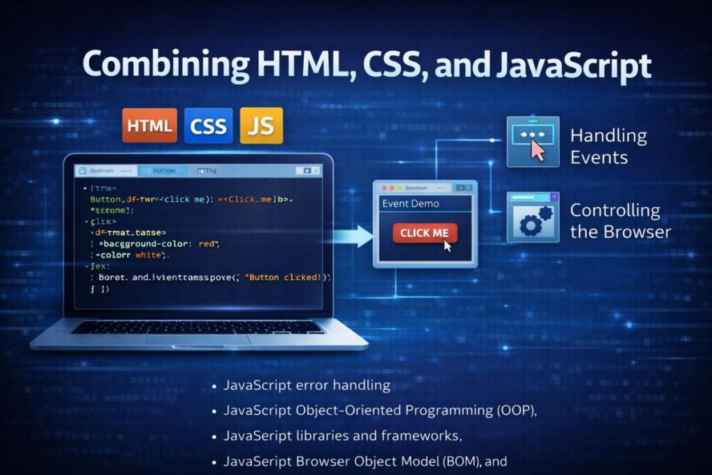 Combining HTML, CSS, and JavaScript Handling events and buttons, controlling the browser.