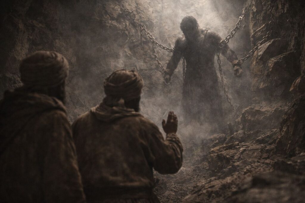 ज़ंजीरों में जकड़ा हुआ आदमी अपने आप को दज्जाल बताते हुए, हज़रत तमीम दारी رضي الله عنه और उनके साथियों के सामने खड़ा, सहीह हदीस में वर्णित दज्जाल का स्वयं परिचय देने वाला दृश्य