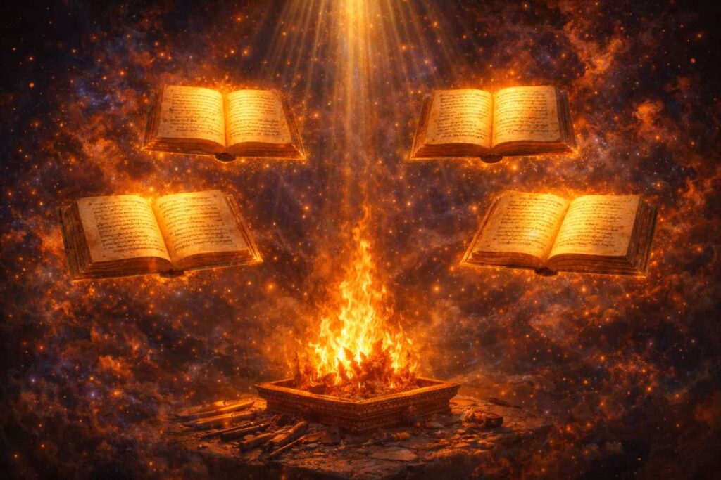 Four glowing ancient manuscripts floating above sacred fire, cosmic background, Vedic chanting atmosphere, divine light rays, spiritual realism, cinematic depth, no text