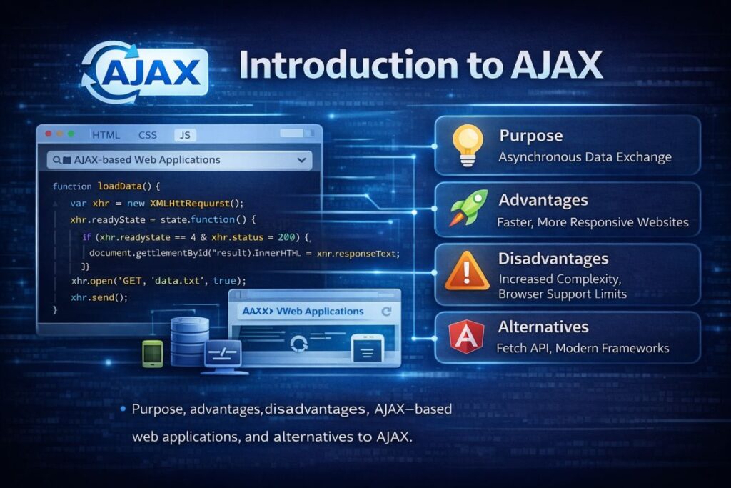 Introduction to AJAX Purpose, advantages, disadvantages, AJAX-based web applications, and alternatives to AJAX.
