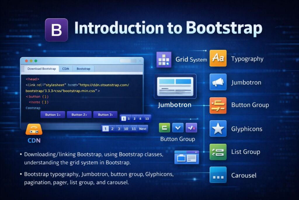 Introduction to Bootstrap Downloading/linking Bootstrap, using Bootstrap classes, understanding the grid system in Bootstrap. Bootstrap typography, Jumbotron, button group, Glyphicons, pagination, pager, list group, and carousel.