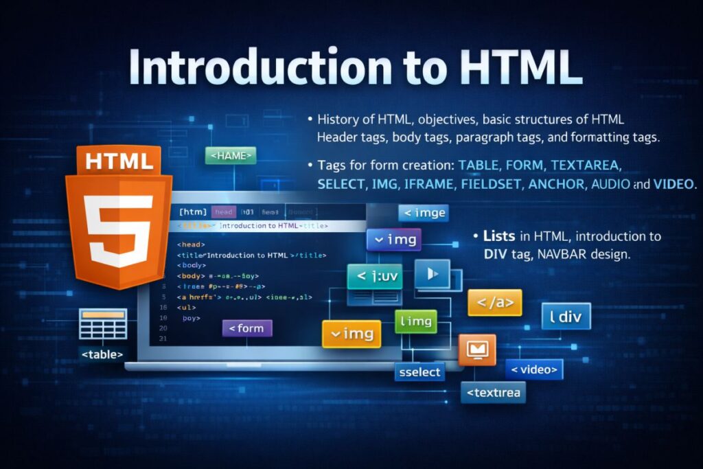 Introduction to HTML History of HTML, objectives, basic structures of HTML, header tags, body tags, paragraph tags, and formatting tags. Tags for form creation: TABLE, FORM, TEXTAREA, SELECT, IMG, IFRAME, FIELDSET, ANCHOR, AUDIO, and VIDEO. Lists in HTML, introduction to the DIV tag, NAVBAR design.