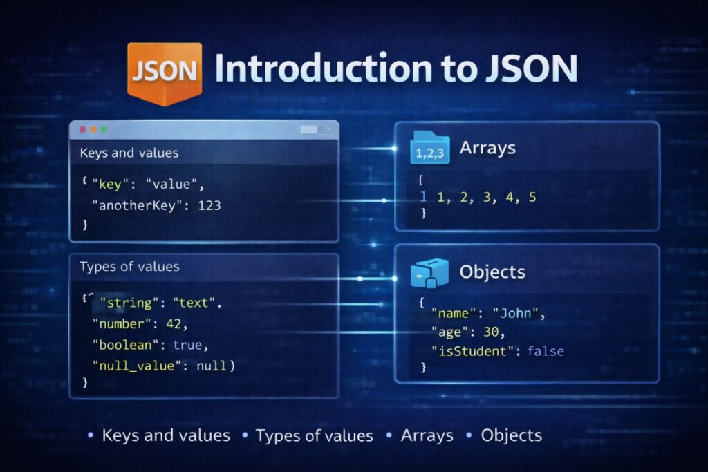Introduction to JSON Keys and values, types of values, arrays, and objects.