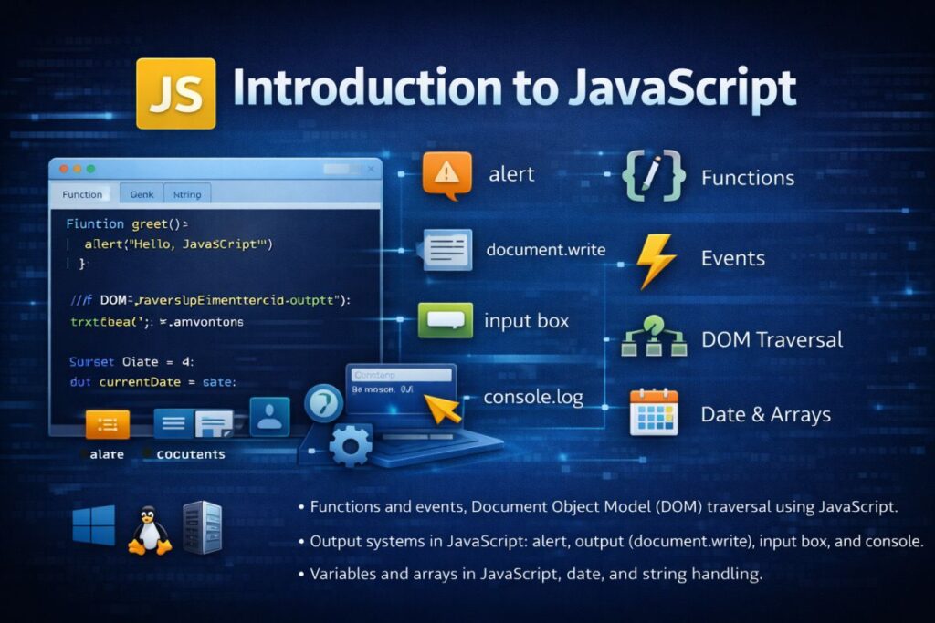 Introduction to JavaScript Functions and events, Document Object Model (DOM) traversal using JavaScript. Output systems in JavaScript: alert, throughput, input box, and console. Variables and arrays in JavaScript, date, and string handling.