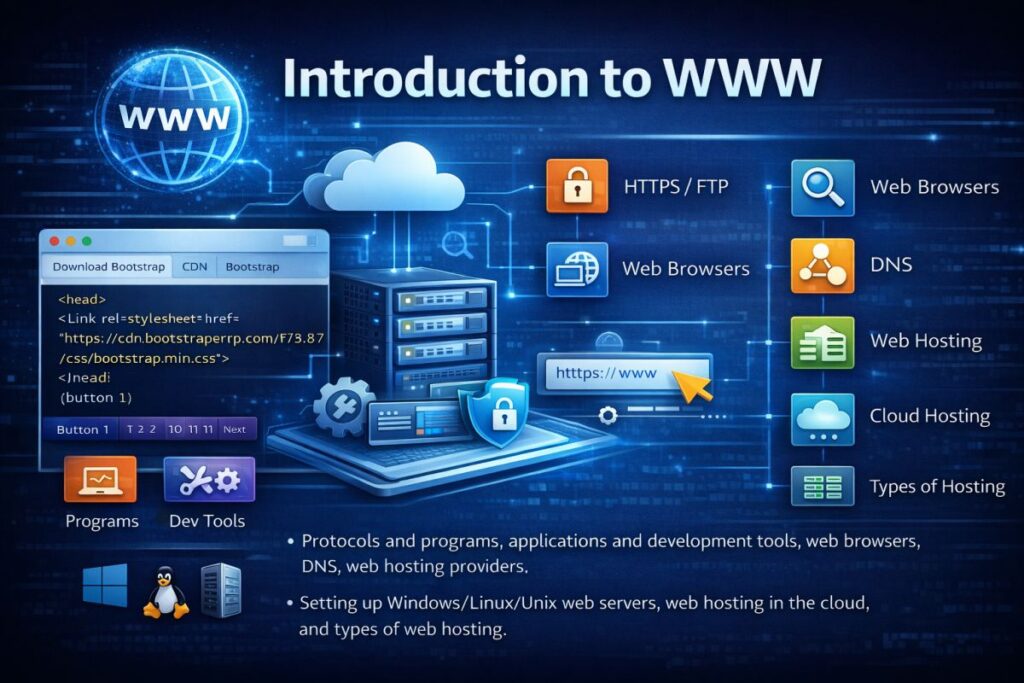 Introduction to WWW Protocols and programs, applications and development tools, web browsers, DNS, web hosting providers. Setting up Windows/Linux/Unix web servers, web hosting in the cloud, and types of web hosting.