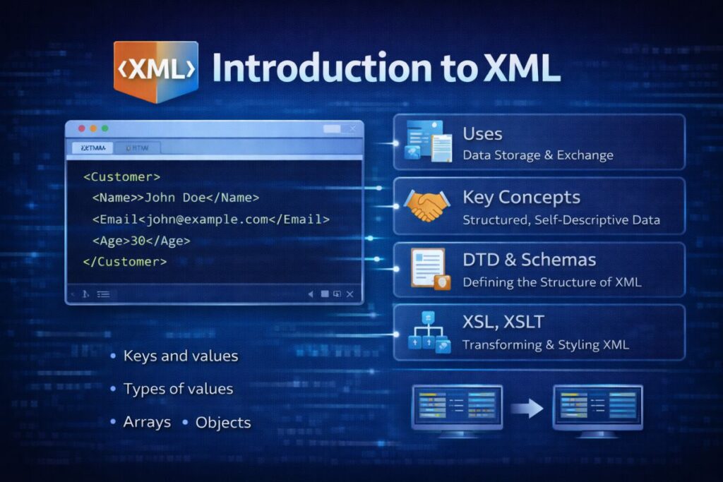 Introduction to XML Uses, key concepts, DTD & schemas, XSL, XSLT, XSL elements, and transforming XML using XSLT.