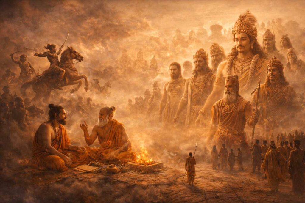 Ancient Indian history unfolding, warriors, sages and kings merged in timeline effect, epic cinematic scale, no text