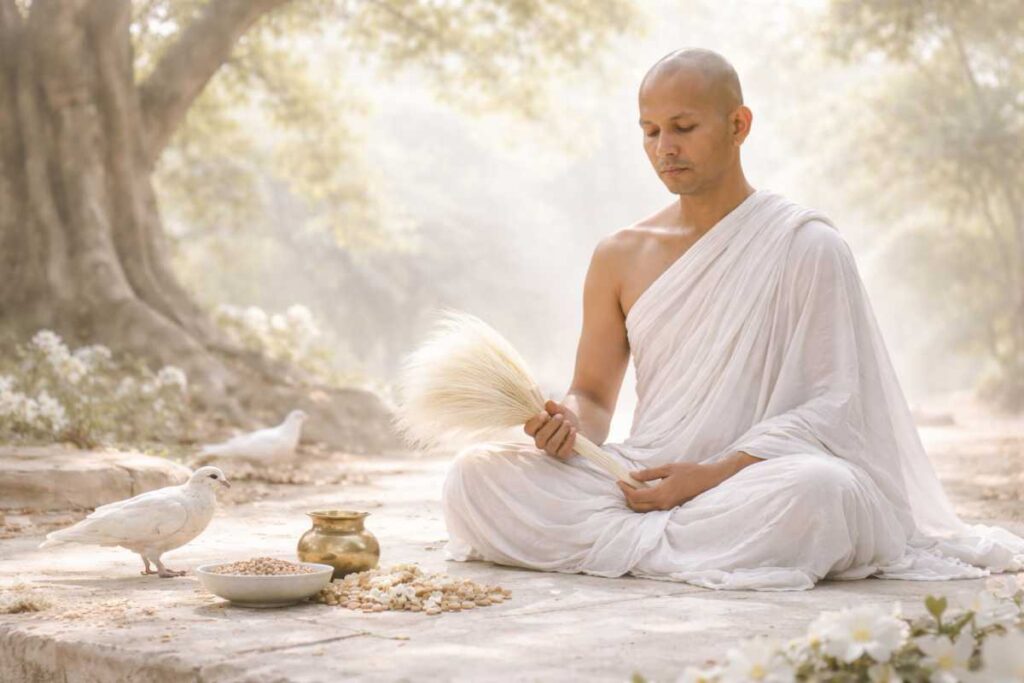 Jain monk practicing non-violence, serene white tone, minimalism, spiritual purity, soft light, no text
