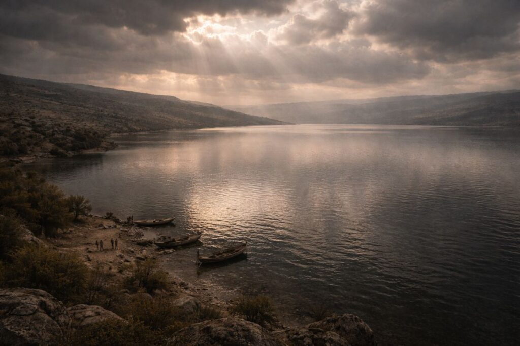 झील तबरिया का शांत दृश्य, जहाँ पानी भरा हुआ दिखाई देता है, दज्जाल द्वारा पूछे गए दूसरे सवाल से जुड़ा दृश्य, सहीह हदीस में वर्णित तबरिया झील का संदर्भ