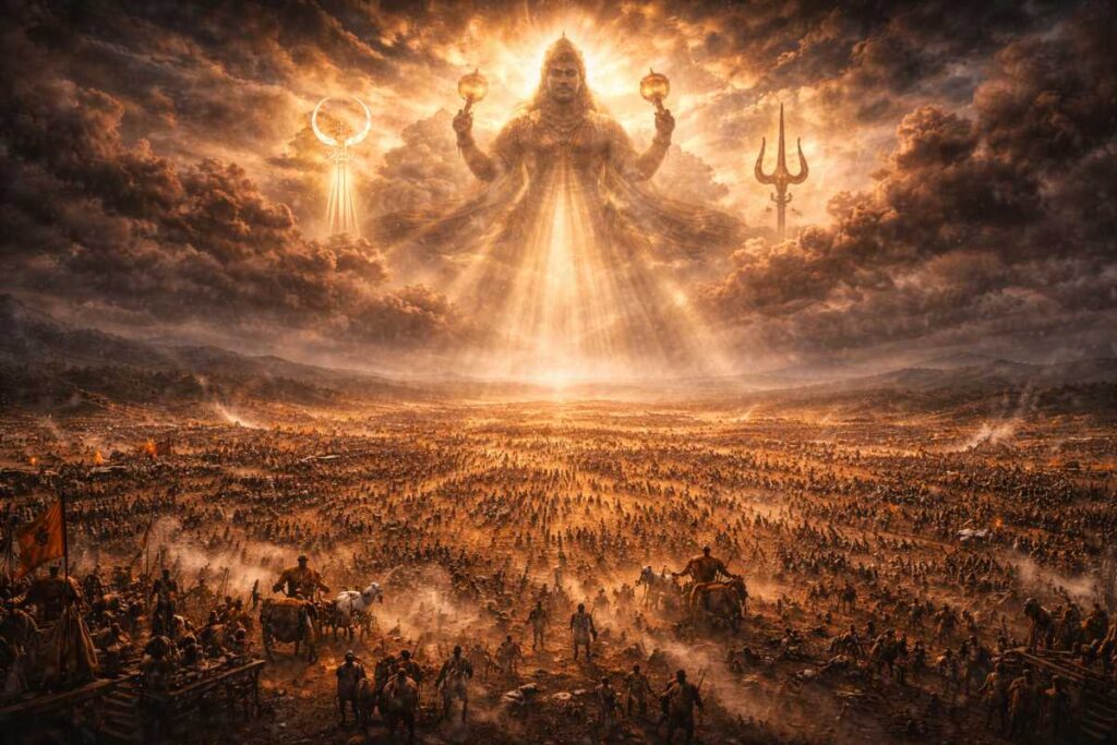 Kurukshetra battlefield from above, cosmic guidance symbolism, dramatic clouds, epic realism, no text