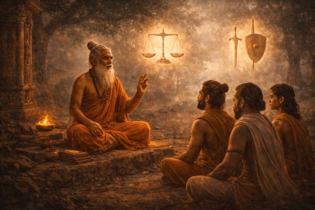 Ancient wisdom teaching scene, guru instructing students, moral balance symbolism, calm serious tone, no text