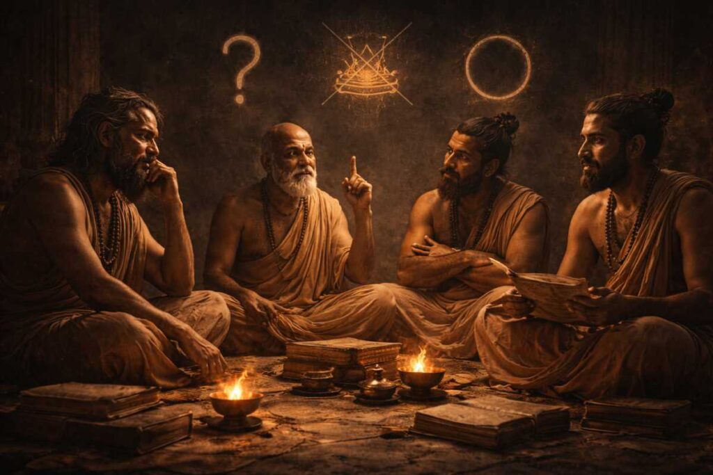 Ancient thinkers questioning traditions, dark yet intellectual atmosphere, minimalistic symbolic visuals, serious documentary tone, no text