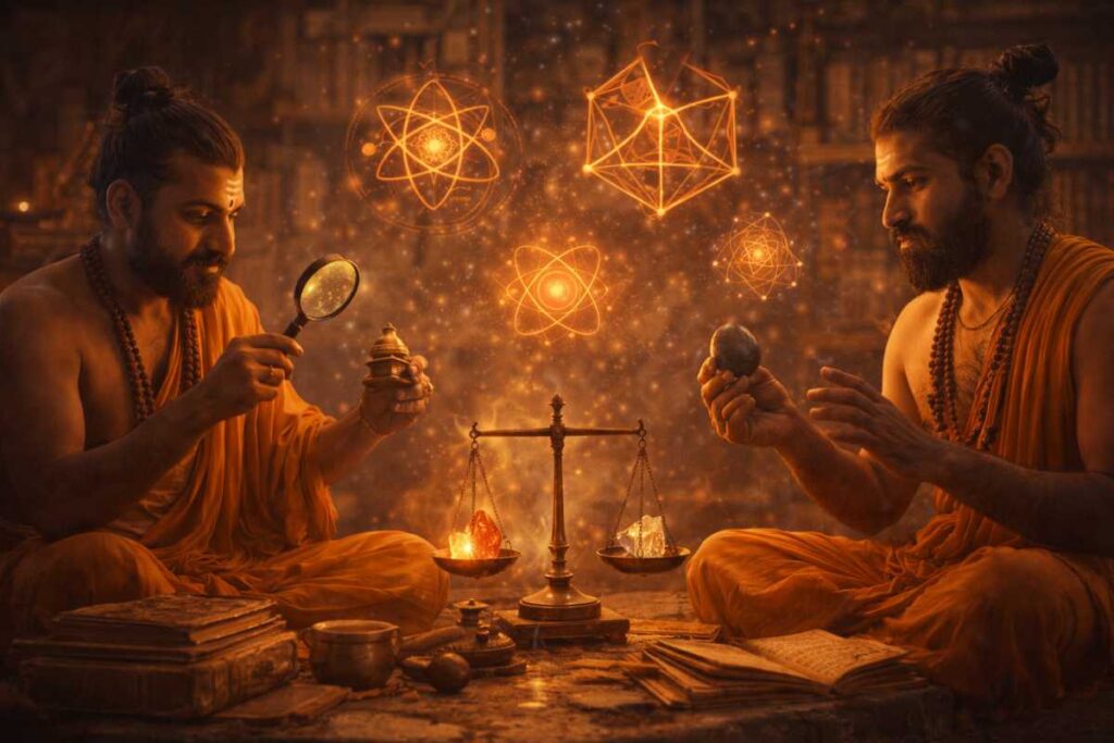 Logical reasoning scene, scholars analyzing objects and elements, symbolic atoms and geometry floating, intellectual tone, cinematic realism, no text