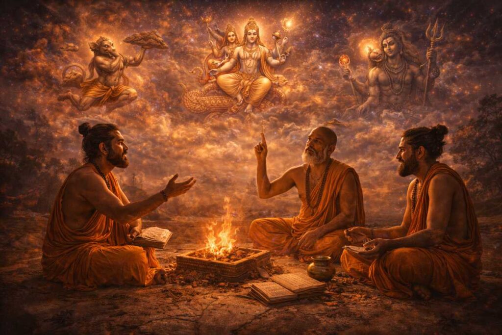 Mythological storytelling scene, sages narrating stories near fire, divine imagery in sky, epic atmosphere, no text