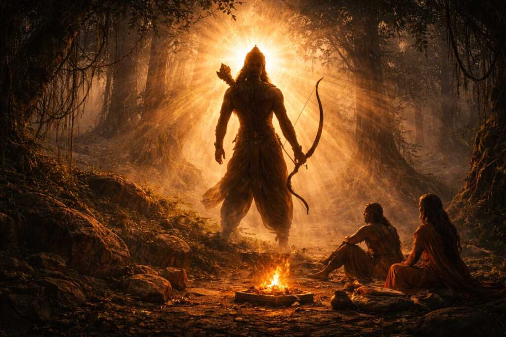 Lord Rama symbolic silhouette with bow, forest exile mood, divine aura, epic cinematic lighting, no text