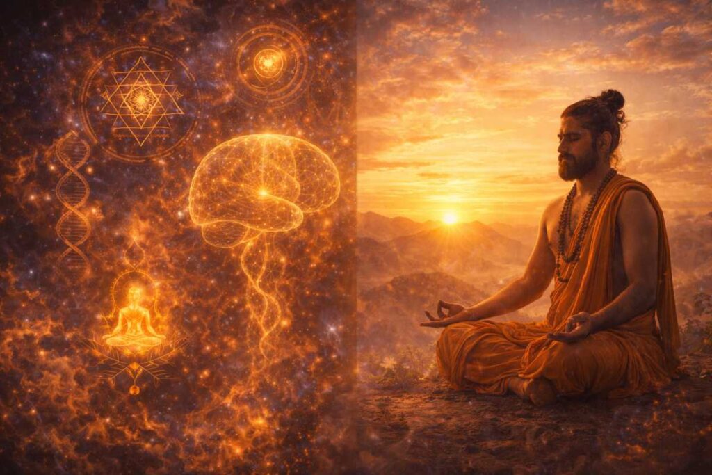 Dual concept visual, left side cosmic intelligence symbols, right side yogi in deep meditation, balance of matter and consciousness, sunrise backdrop, no text