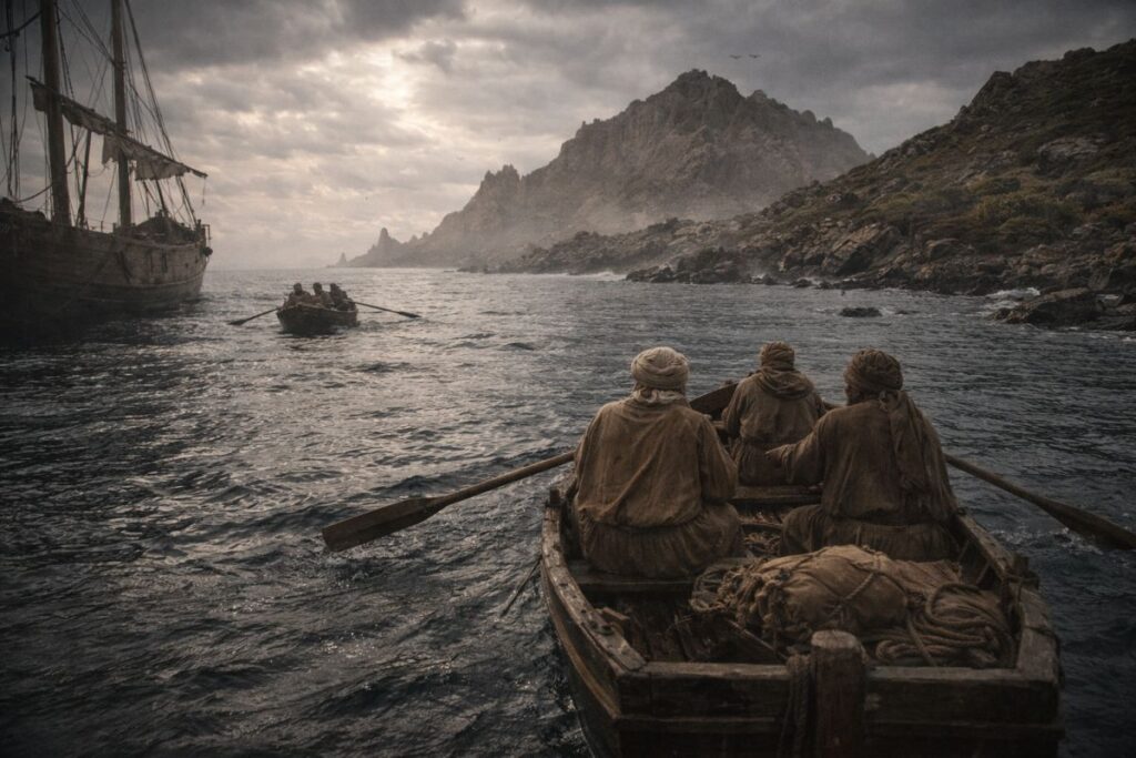 समुद्र में भटकती हुई कश्ती में बैठे हज़रत तमीम दारी رضي الله عنه और उनके साथी, तेज़ हवाओं के बाद अनजाने टापू की ओर बढ़ते हुए, दज्जाल से जुड़ी सहीह हदीस के समुद्री सफ़र का दृश्य