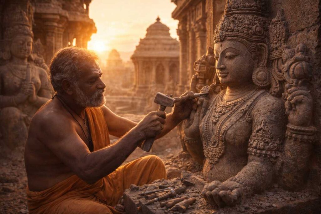 Ancient Indian temple architecture being sculpted, master craftsman carving stone deity, precise geometry, sacred proportions, sunrise light, realistic stone texture, heritage documentary style, no text