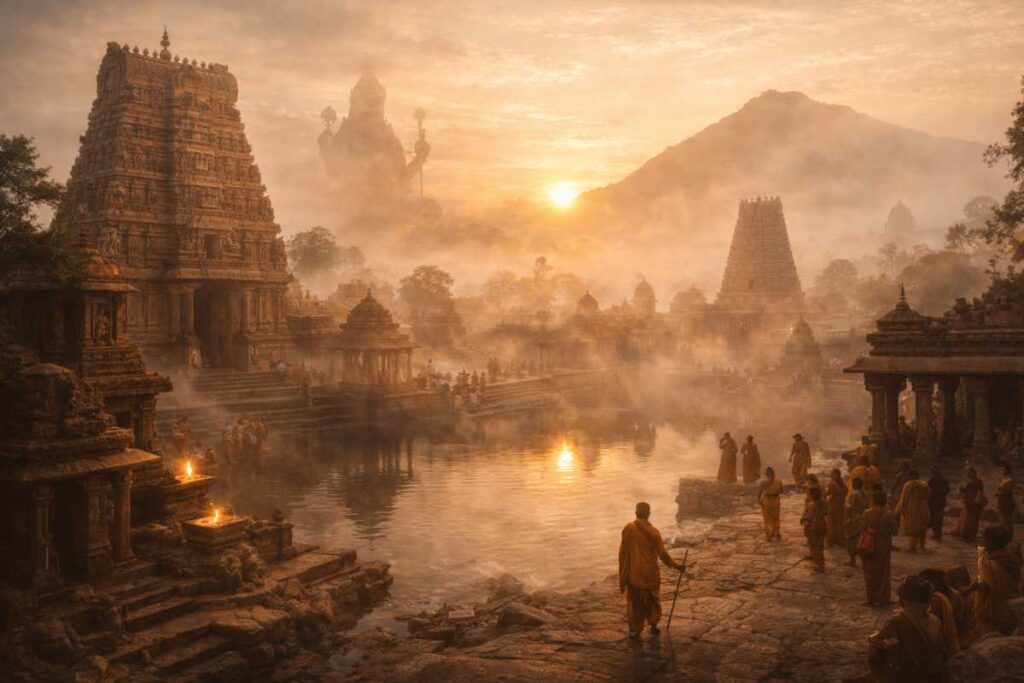 Sacred Indian temple landscape, divine history embedded in location, sunrise fog, spiritual travel documentary look, no text