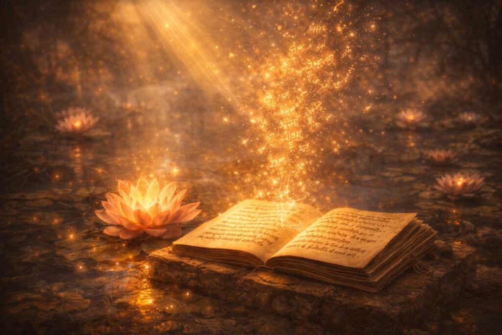 Poetic wisdom visual, glowing verses implied symbolically, lotus and light metaphors, elegant artistic style, no text