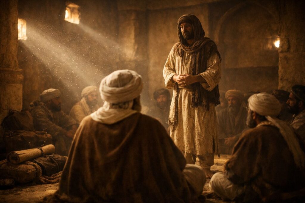 दज्जाल से जुड़ी सहीह हदीस बयान करते हुए हज़रत तमीम दारी رضي الله عنه, सहाबा के बीच बैठकर अपने समुद्री सफ़र, जस्सासा और ज़ंजीरों में क़ैद दज्जाल का वाक़िया समझाते हुए