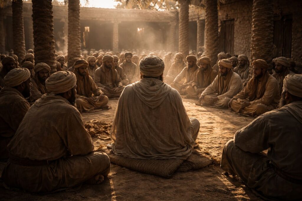 रसूलुल्लाह ﷺ सहाबा के बीच बैठकर तमीम दारी رضي الله عنه के वाक़िये की तस्दीक़ करते हुए, दज्जाल से जुड़ी सहीह हदीस को स्पष्ट रूप से बयान करते हुए, इल्मी और शांत वातावरण का दृश्य