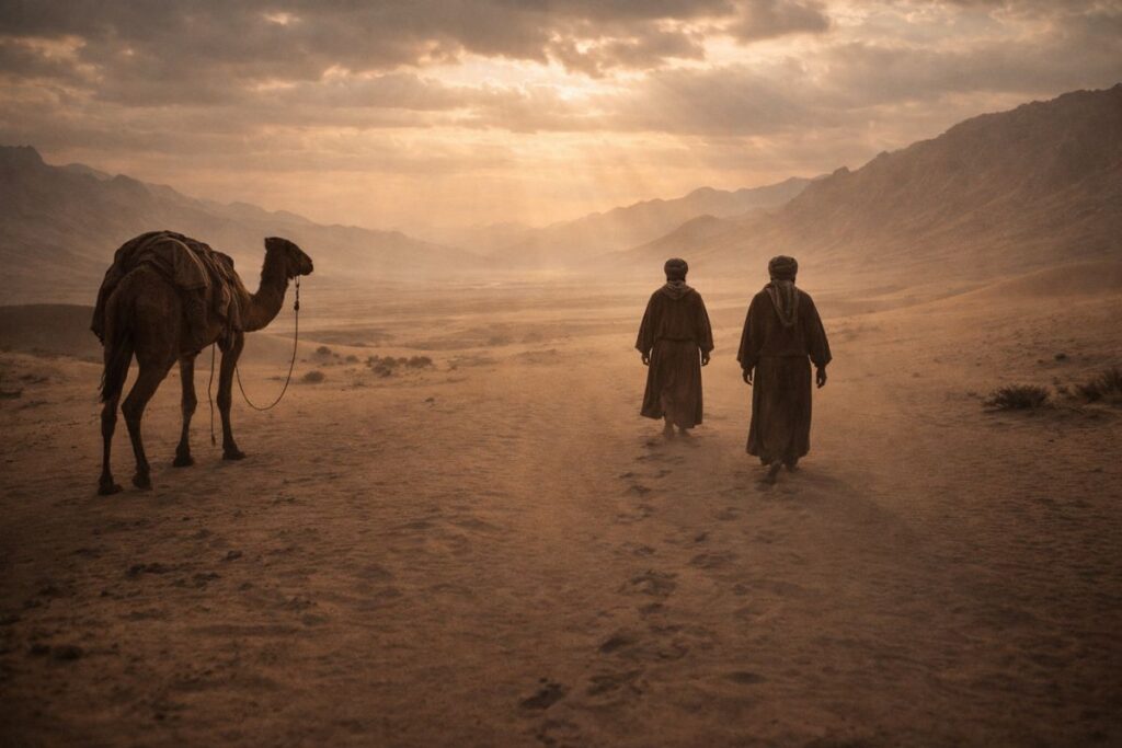 उम्मी नबी ﷺ की हिजरत के सफ़र का प्रतीकात्मक दृश्य, रेगिस्तान में चलते हुए लोग और ऊँट, दज्जाल द्वारा पूछे गए तीसरे सवाल से जुड़ा संदर्भ, सहीह हदीस का उल्लेख