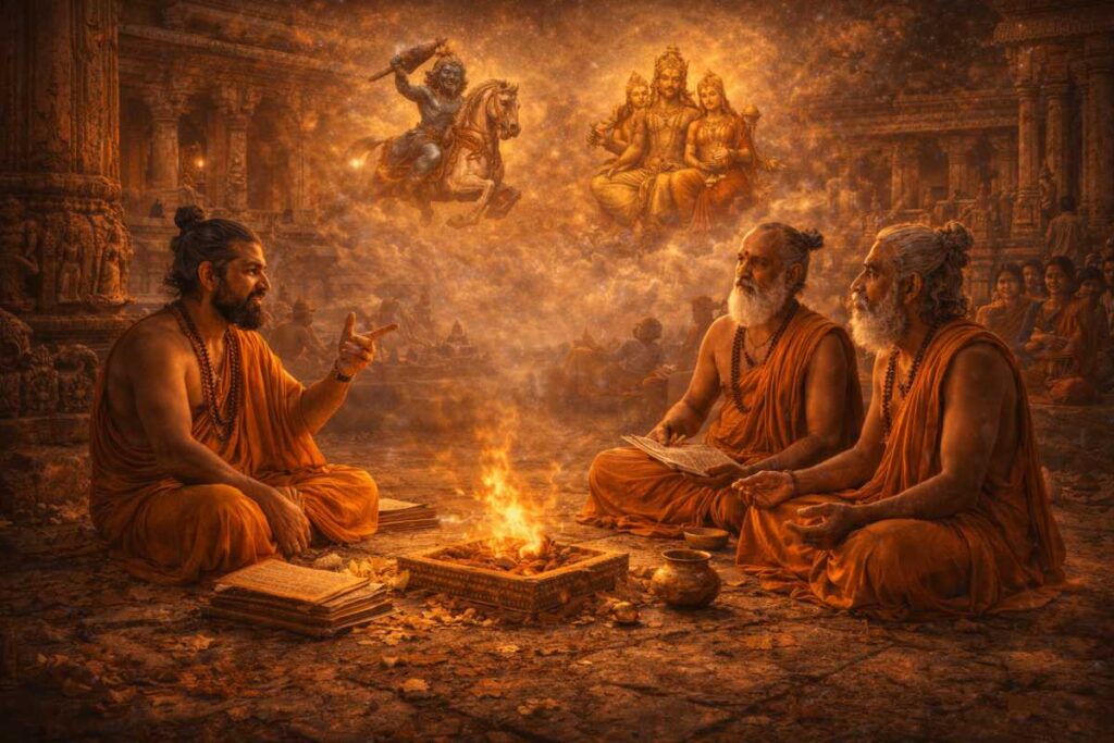 Regional legends being narrated, temple courtyards, cultural richness, warm colors, realistic heritage style, no text