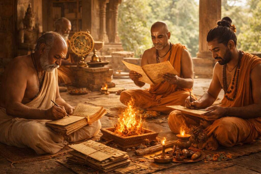 Scholars studying grammar, astronomy and rituals, ancient gurukul setting, palm leaf manuscripts, calm intellectual mood, warm natural lighting, ultra realistic, no text