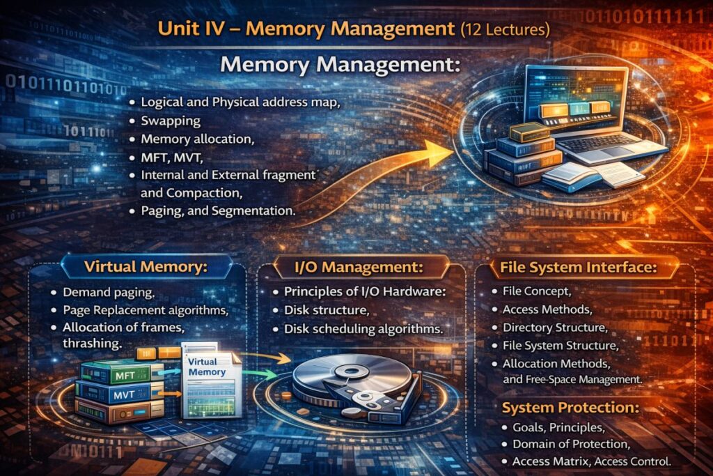 Unit IV – Memory Management (12 Lectures)
